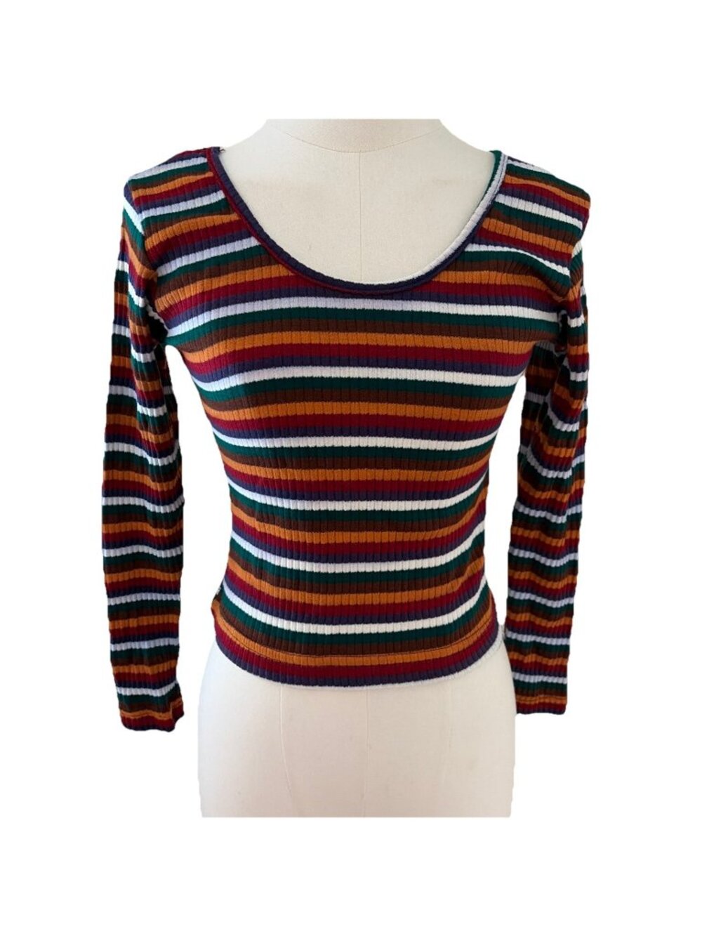 Vintage 90s Striped Scoop Neck Crop Top  Women's XS Multicolor Ribbed Rainbow
